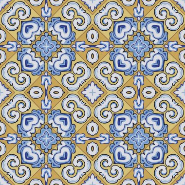 Beyaz, sarı, kahverengi, siyah ve mavi gibi soyut elementlerden oluşan kusursuz desenli.