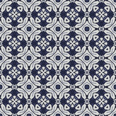 Beyaz ve mavi soyut elementlerden oluşan kusursuz çizilmiş desen