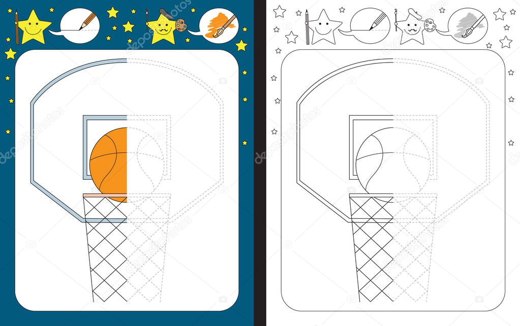 Preschool worksheet for practicing fine motor skills - tracing dashed lines - finish the illustration of a basketball