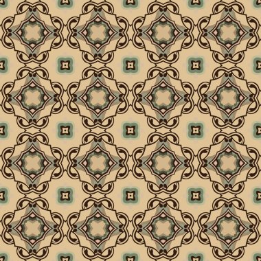 Bej, yeşil ve kahverengi tonlarında soyut elementlerden yapılmış kusursuz desenli.