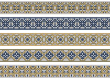 Beş dizi dekoratif sınırları bej, sarı ve mavi soyut öğeler yapılmış resimli