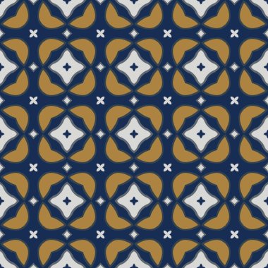 Beyaz, turuncu ve mavi renklerde soyut elementlerden oluşan kusursuz desenli.