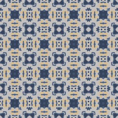 Beyaz, sarı ve mavi renkli soyut elementlerden oluşan kusursuz çizilmiş desen