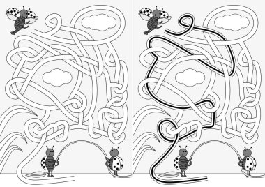 Siyah beyaz bir çözüm ile çocuklar için ladybugs labirent