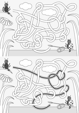 Siyah beyaz bir çözüm ile çocuklar için ladybugs labirent