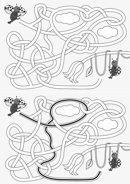 瓢虫迷宫为孩子与解决方案在黑色和白色 — 图库矢量图片
