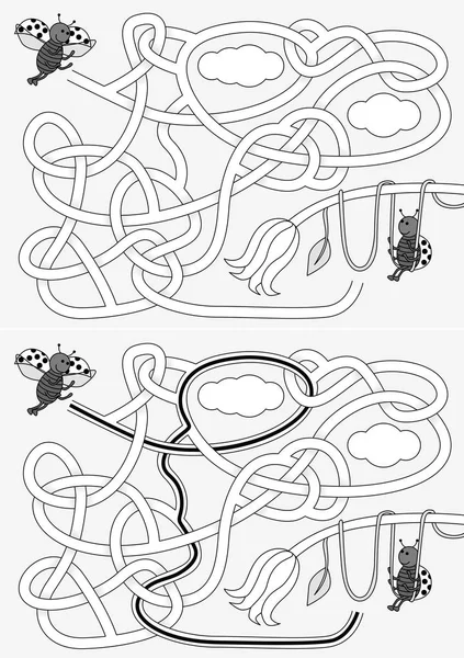 Ladybugs Maze Kids Solution Black White — Stock Vector