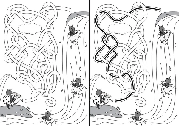 Ladybugs Coming Waterfall Flowers Maze Kids Solution Black White - Stok Vektor