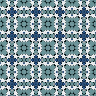 Beyaz, turkuaz, mavi ve siyah renkli soyut elementlerden yapılmış kusursuz desenli.