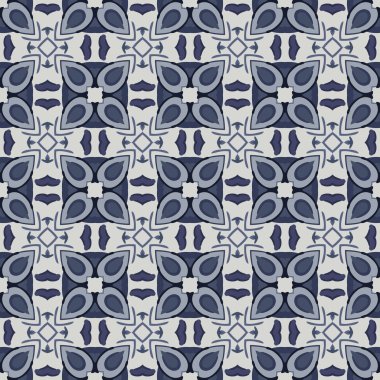 Beyaz ve mavi soyut elementlerden oluşan kusursuz çizilmiş desen