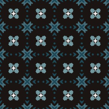 Beyaz, siyah ve mavi tonlarında soyut elementlerden oluşan kusursuz desenli.