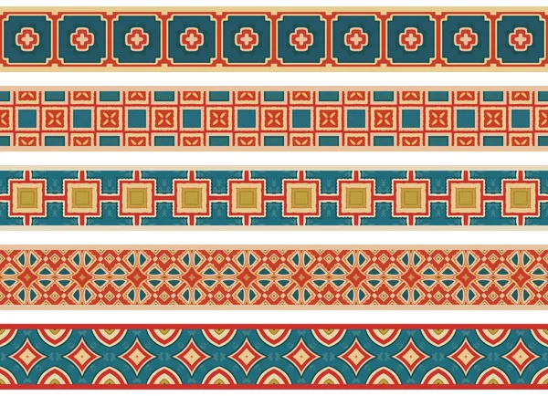 Conjunto Cinco Bordes Decorativos Ilustrados Hechos Elementos Abstractos Beige Rojo — Vector de stock