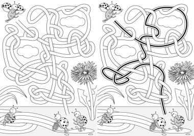 Bahçe hortumu labirentindeki suyla oynayan uğurböceği siyah beyaz çözeltisi olan çocuklar için.