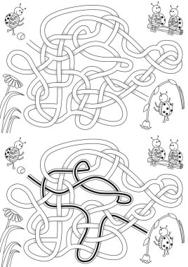 Uğur böcekleri siyah beyaz çözümü olan çocuklar için futbol labirenti oynuyorlar.