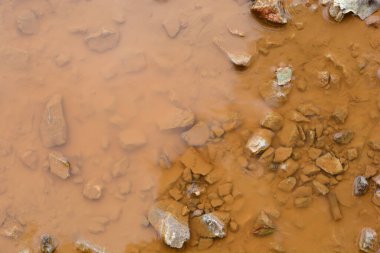 Üzerinde çeşitli taşlar ve kayalar bulunan sığ, kahverengi çamurlu bir su birikintisinin yukarıdan aşağıya soyut bir görüntüsü kısmen içine gömülmüş.