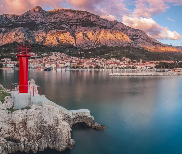 Pôr Sol Exposição Longa Porto Makarska Croácia — Fotografia de Stock