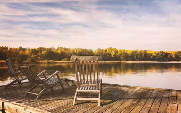 Wooden Sunloungers Lake Autumn — Stock Photo, Image