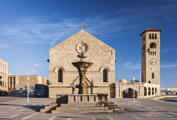 Main Square Rhodes Town Harbour Grand Fountain Evagelismos Church — Stock Photo, Image