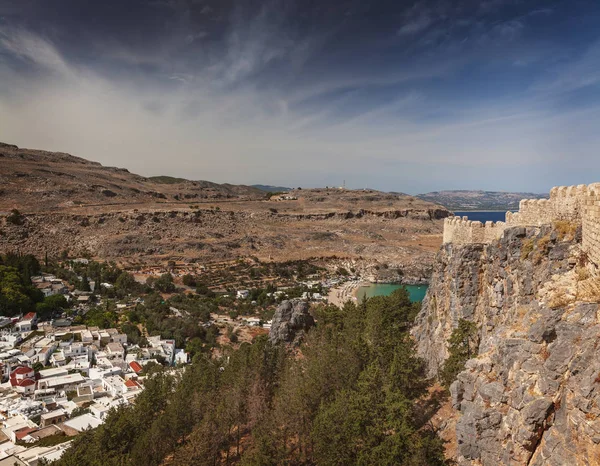 Köy Lindos Tepe Üzerinde Kale Ile Rhodes Yunanistan — Stok fotoğraf