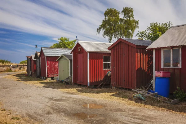 Rote Fischerhütten Strand Vik Schweden — Stockfoto