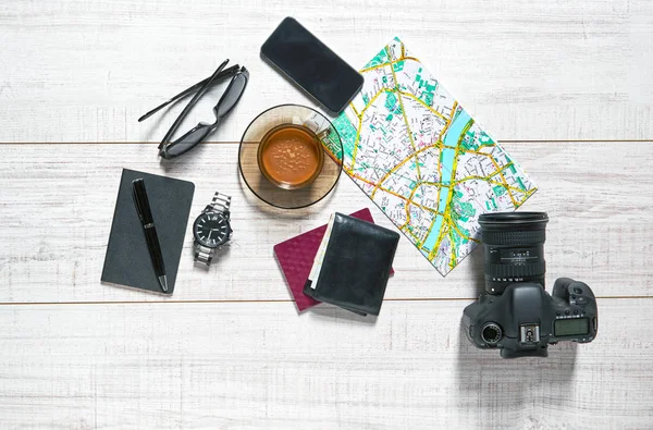 View Wooden Table Map Watch Passport Notebook Smartphone Camera Pen — Stock Photo, Image