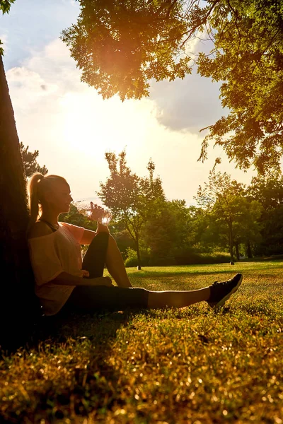 夕日とボトルから水を飲むに公園の木に座っている美しい若いスポーティな女性 — ストック写真