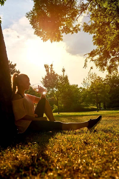 Günbatımı Içme Suyu Bir Şişe Bir Ağaca Bir Parkta Oturan — Stok fotoğraf