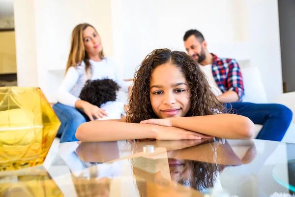 Portrait Young Teenage African Girl Leaning Coffee Table While Her — Stock Photo, Image