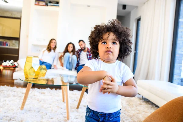 Portrait Young Afro Child Standing Living Room His Family Sitting — Stock Photo, Image