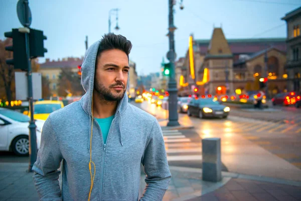 Portrait Handsome Young Sportsman Standing Street Car Lights Him — Stock Photo, Image