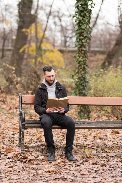 Hipster man leest op een bankje — Stockfoto