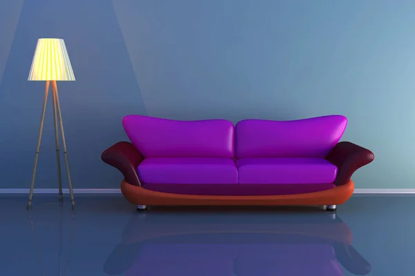 3D-Illustration einer Lampe und eines bunten Sofas in einem dunklen Raum — Stockfoto