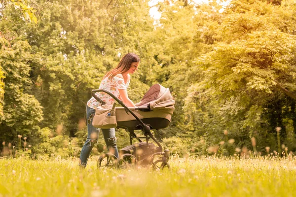 Мати перевіряє дитину в колясці в парку — стокове фото
