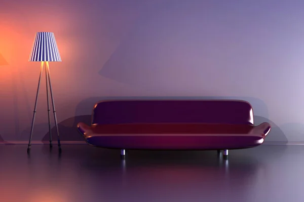 3D-Illustration einer Lampe und eines lila Sofas in einem dunklen Raum — Stockfoto