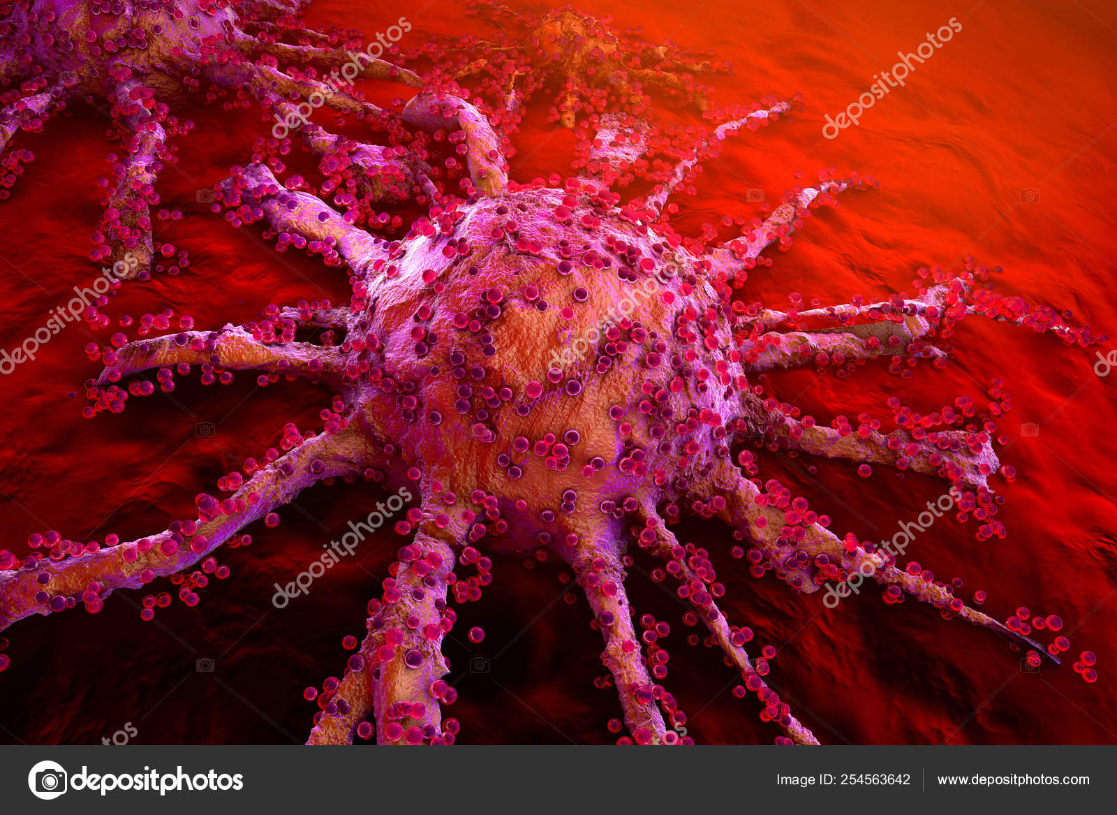 A growing Cancer cell spreading on healthy Tissue Stock Photo by