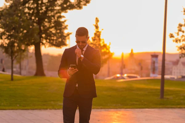 Podnikatel, procházky v parku a pomocí svého mobilního telefonu — Stock fotografie