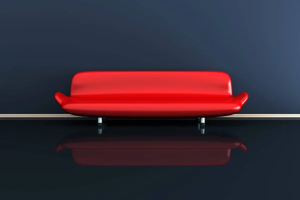 Illustrazione 3D di un divano rosso in una stanza buia — Foto Stock