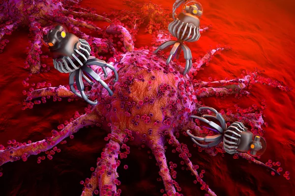 Nano Bots attaquant une cellule cancéreuse — Photo