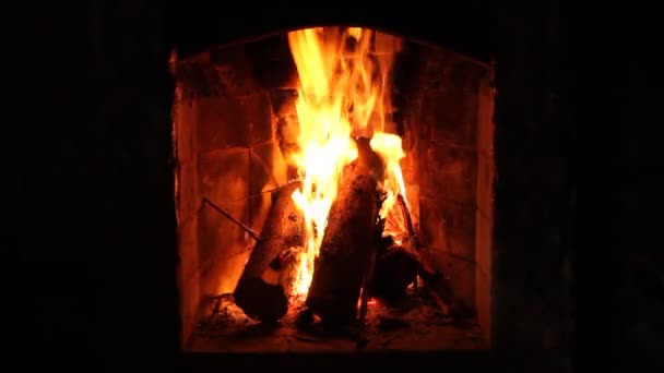 暖炉のクローズアップ映像は燃える丸太と共に — ストック動画