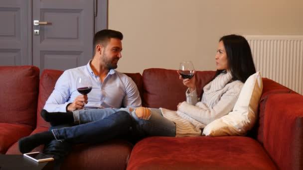 Belo Jovem Casal Tomando Vinho Juntos Sofá Sala Estar — Vídeo de Stock