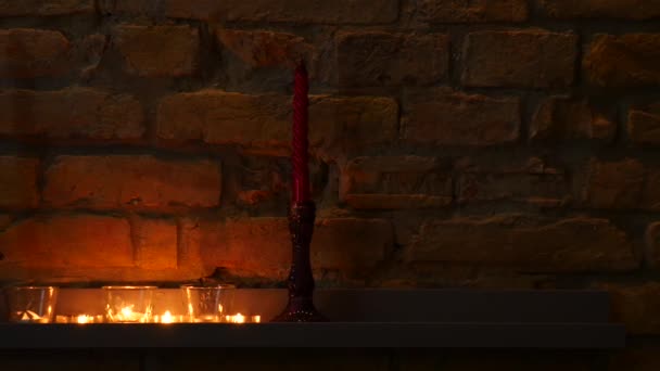 Footage Candles Lighted Next Brick Wall Antique Candle Holders — Stock Video