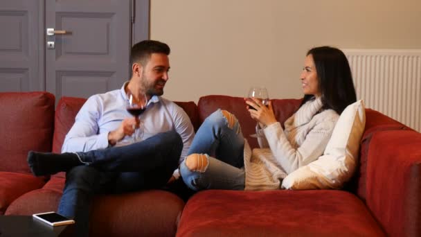 Krásný Mladý Pár Který Spolu Popíjí Víno Pohovce Obýváku — Stock video