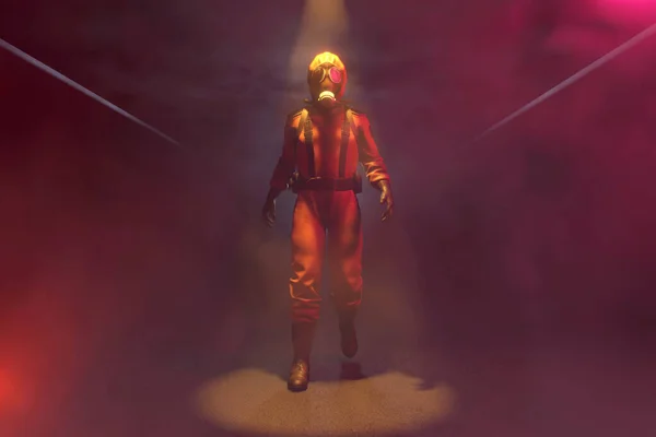 3D ілюстрація працівника, який носить захисний костюм у темному середовищі — стокове фото