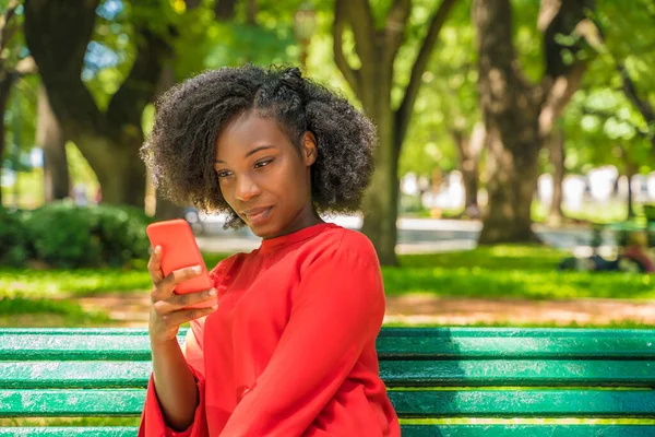 Uma bela mulher negra usando seu telefone em um parque — Fotografia de Stock