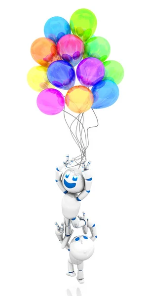 Två glada tecknade robotar försöker fånga ballonger — Stockfoto