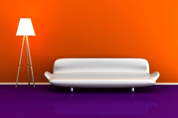 3D-Illustration einer Lampe und eines weißen Sofas in einem farbenfrohen Raum — Stockfoto