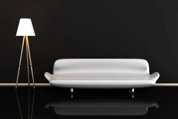 3D иллюстрация лампы и белого дивана в темной комнате — стоковое фото