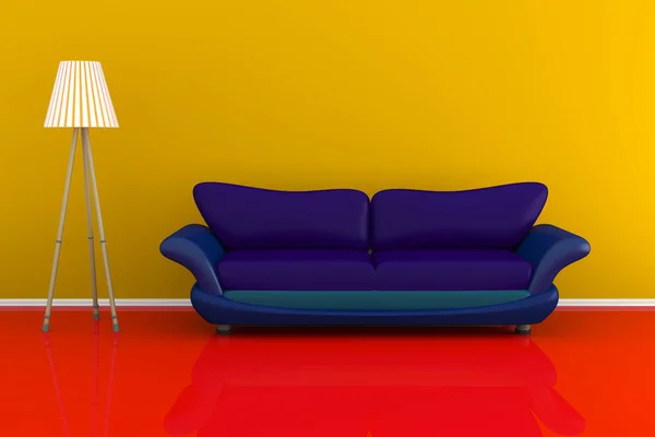 Ilustração 3d de uma lâmpada e um sofá colorido em um ro colorido — Fotografia de Stock