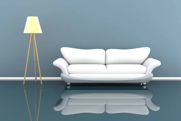 Ilustração 3d de uma lâmpada e um sofá branco em uma sala cinza — Fotografia de Stock