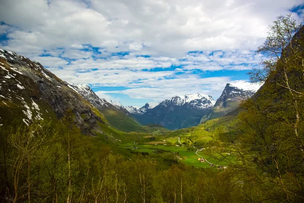 Σπίτια Μια Καταπράσινη Κοιλάδα Στη Νορβηγία Περιτριγυρισμένα Από Χιονισμένες Κορυφές — Φωτογραφία Αρχείου